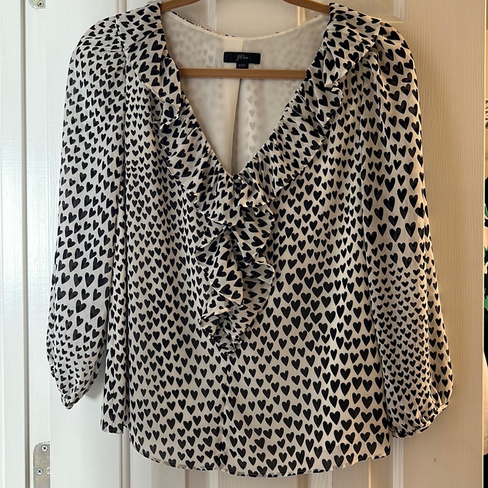 Black and White Heart Print Jcrew Silky Blouse
